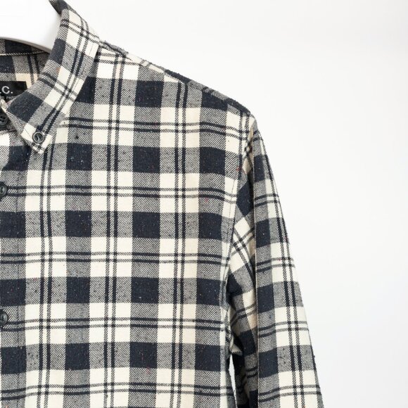 A.P.C. Navy & White Plaid-Flannel Buttoned Shirt - Picture 4 of 10